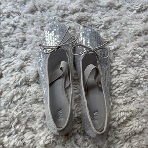 Zara Silver Sequin Ballet Flats with Bow